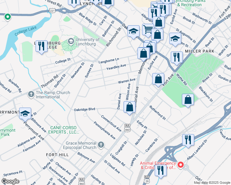 map of restaurants, bars, coffee shops, grocery stores, and more near 305 Bennett Avenue in Lynchburg