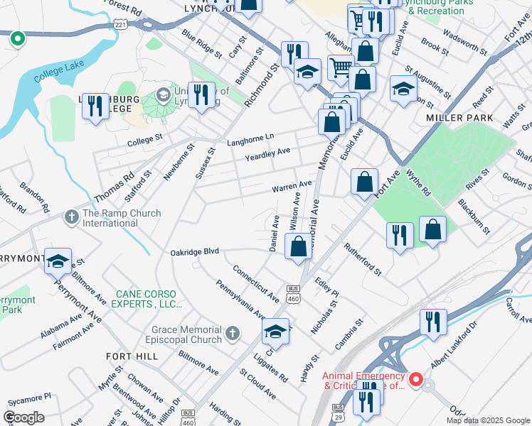 map of restaurants, bars, coffee shops, grocery stores, and more near 305 Bennett Avenue in Lynchburg