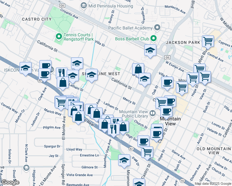 map of restaurants, bars, coffee shops, grocery stores, and more near 495 Pettis Avenue in Mountain View