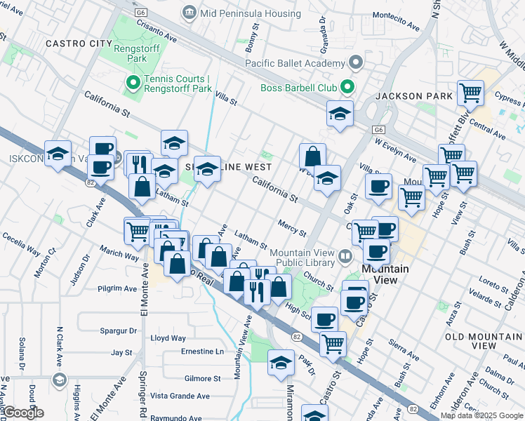 map of restaurants, bars, coffee shops, grocery stores, and more near 495 Pettis Avenue in Mountain View