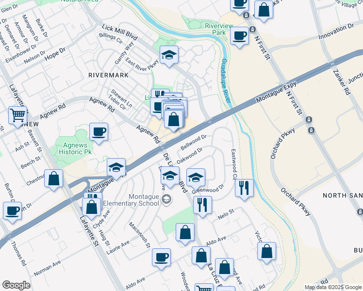 map of restaurants, bars, coffee shops, grocery stores, and more near 571 Bellwood Drive in Santa Clara