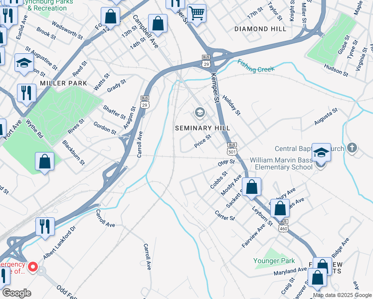 map of restaurants, bars, coffee shops, grocery stores, and more near 2259 Halifax St in Lynchburg