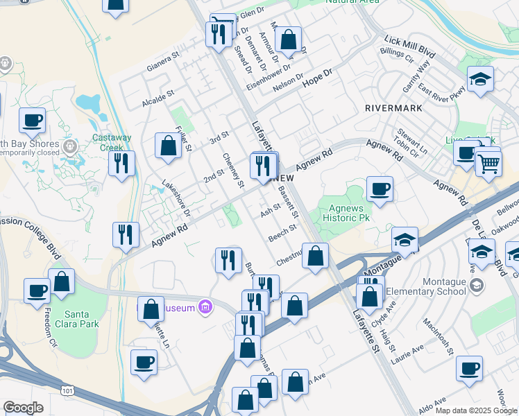 map of restaurants, bars, coffee shops, grocery stores, and more near 4220 Ramshall Place in Santa Clara