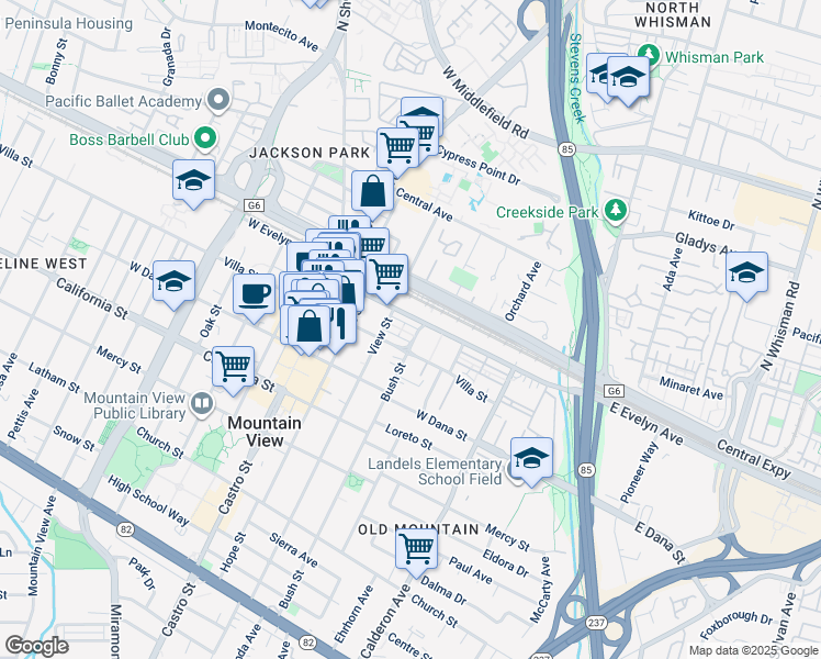 map of restaurants, bars, coffee shops, grocery stores, and more near 515 Front Lane in Mountain View