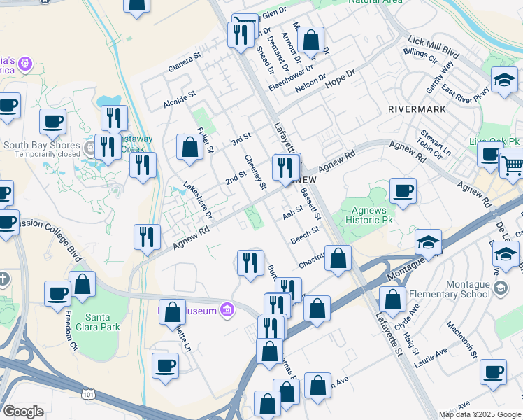 map of restaurants, bars, coffee shops, grocery stores, and more near in Santa Clara