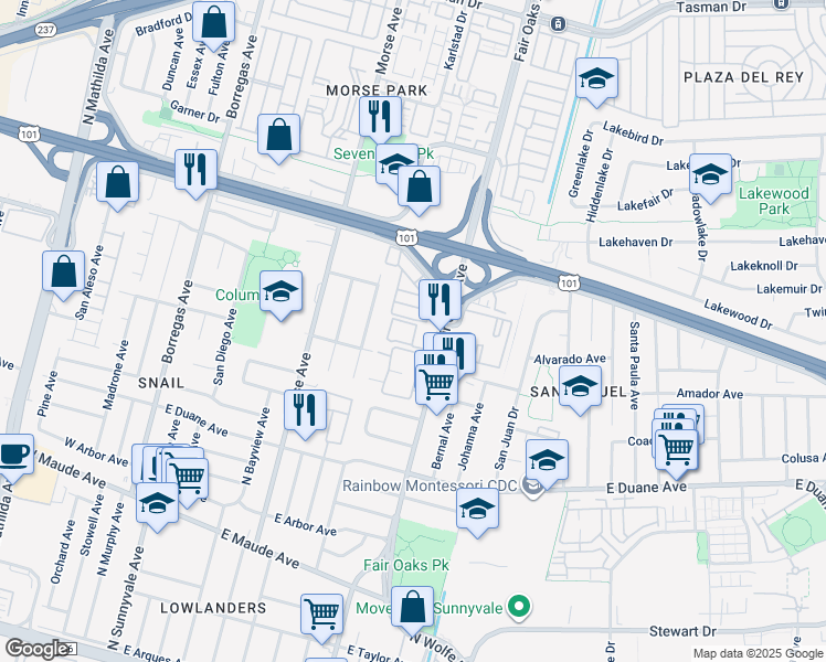 map of restaurants, bars, coffee shops, grocery stores, and more near 787 North Fair Oaks Avenue in Sunnyvale