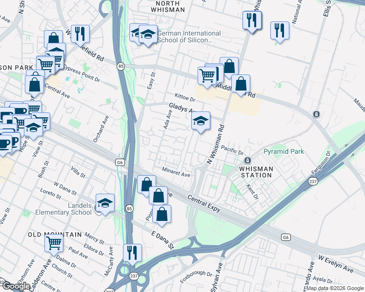 map of restaurants, bars, coffee shops, grocery stores, and more near 201 Ada Avenue in Mountain View