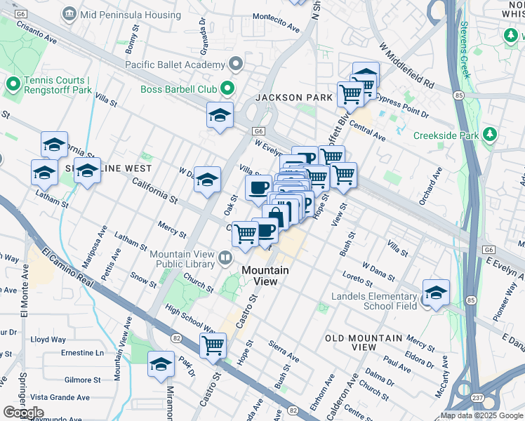 map of restaurants, bars, coffee shops, grocery stores, and more near 996 West Dana Street in Mountain View