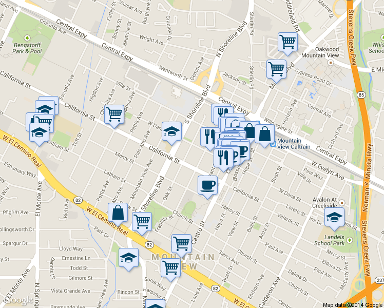 map of restaurants, bars, coffee shops, grocery stores, and more near 336 Oak Street in Mountain View
