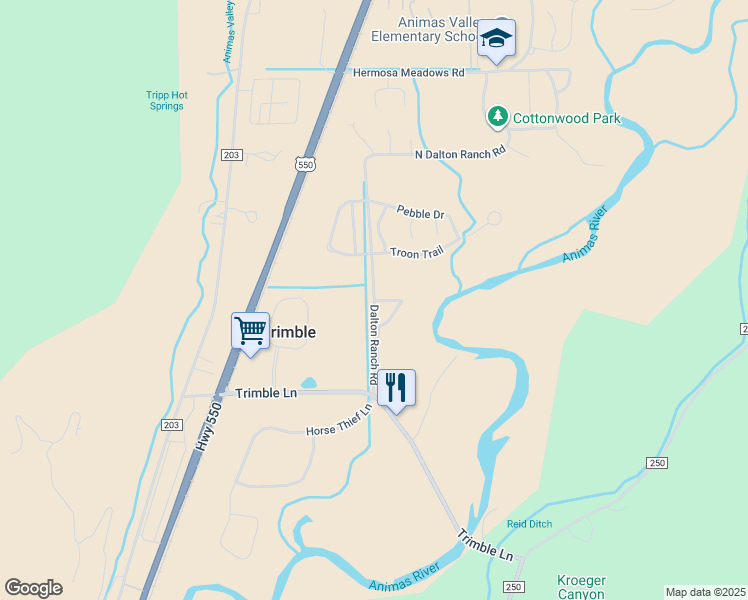 map of restaurants, bars, coffee shops, grocery stores, and more near Dalton Ranch Road in Durango