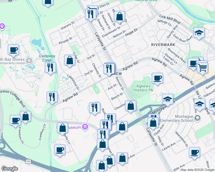 map of restaurants, bars, coffee shops, grocery stores, and more near 4220 Ramshall Place in Santa Clara