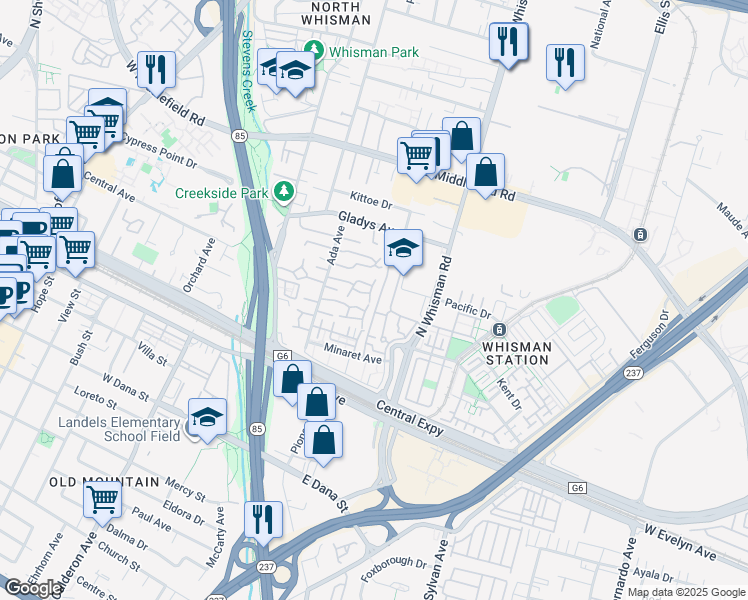map of restaurants, bars, coffee shops, grocery stores, and more near 201 Ada Avenue in Mountain View