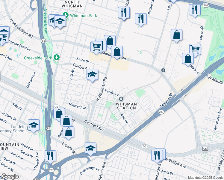 map of restaurants, bars, coffee shops, grocery stores, and more near 186 Espinosa Lane in Mountain View