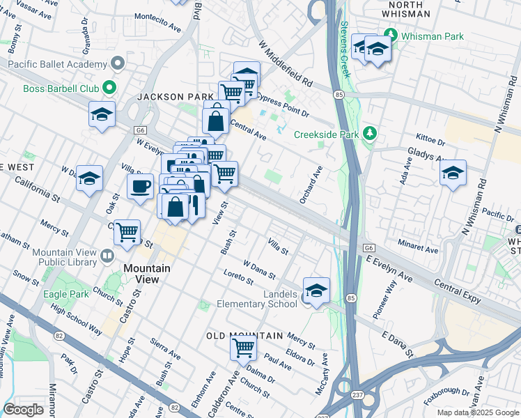 map of restaurants, bars, coffee shops, grocery stores, and more near 456 West Evelyn Avenue in Mountain View