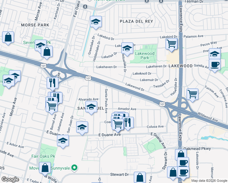 map of restaurants, bars, coffee shops, grocery stores, and more near 857 San Ramon Avenue in Sunnyvale
