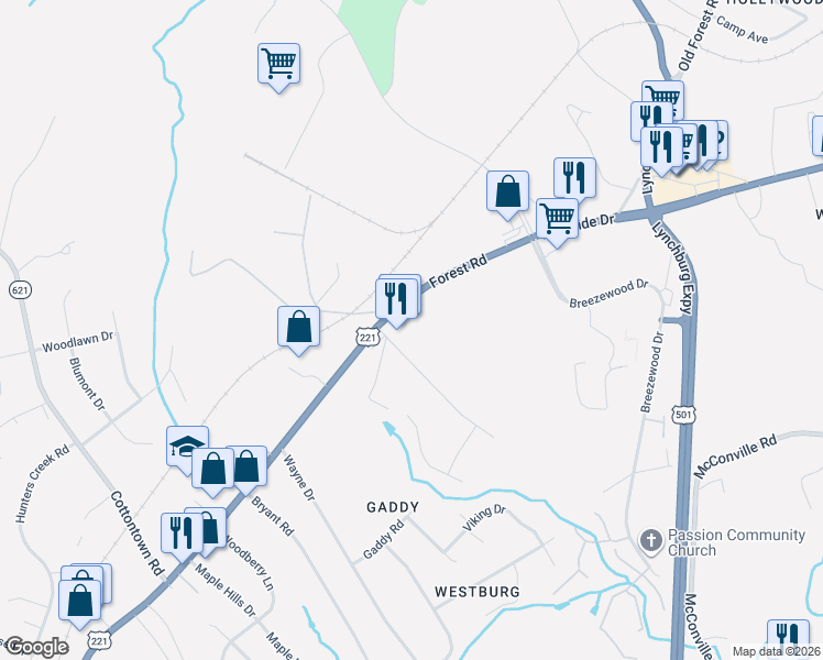 map of restaurants, bars, coffee shops, grocery stores, and more near 2659 Lakeside Drive in Lynchburg
