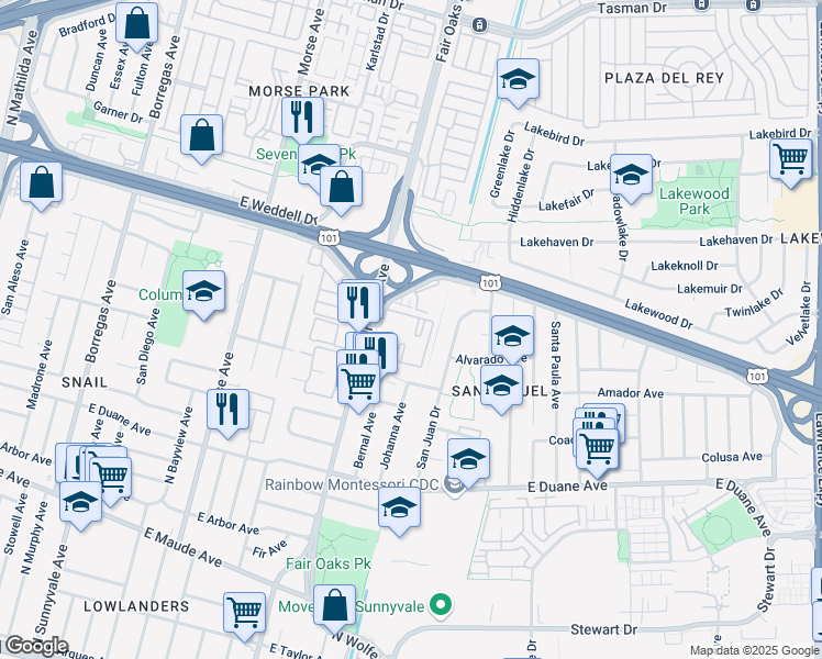 map of restaurants, bars, coffee shops, grocery stores, and more near 608 Arcadia Terrace in Sunnyvale