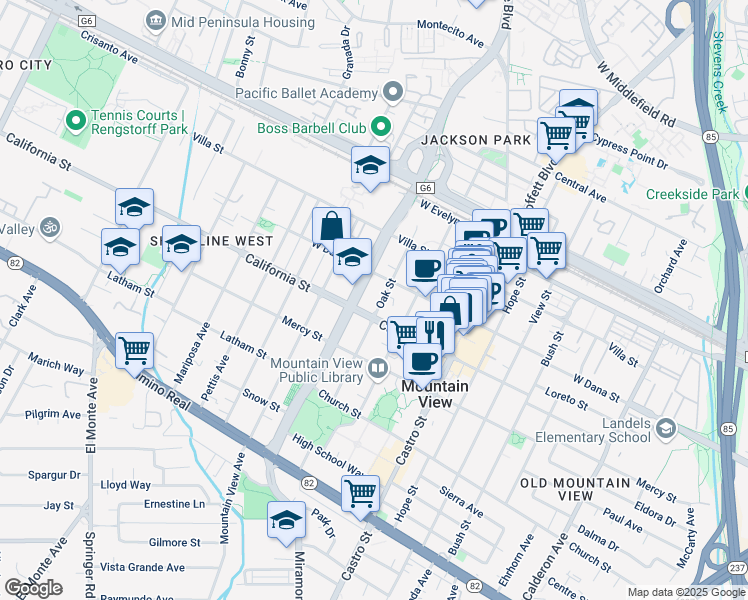 map of restaurants, bars, coffee shops, grocery stores, and more near 336 Oak Street in Mountain View