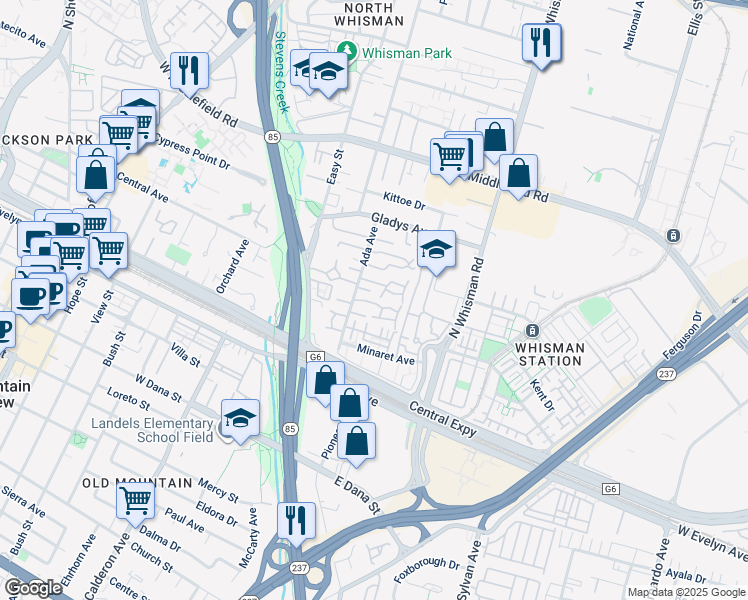 map of restaurants, bars, coffee shops, grocery stores, and more near 181 Ada Avenue in Mountain View