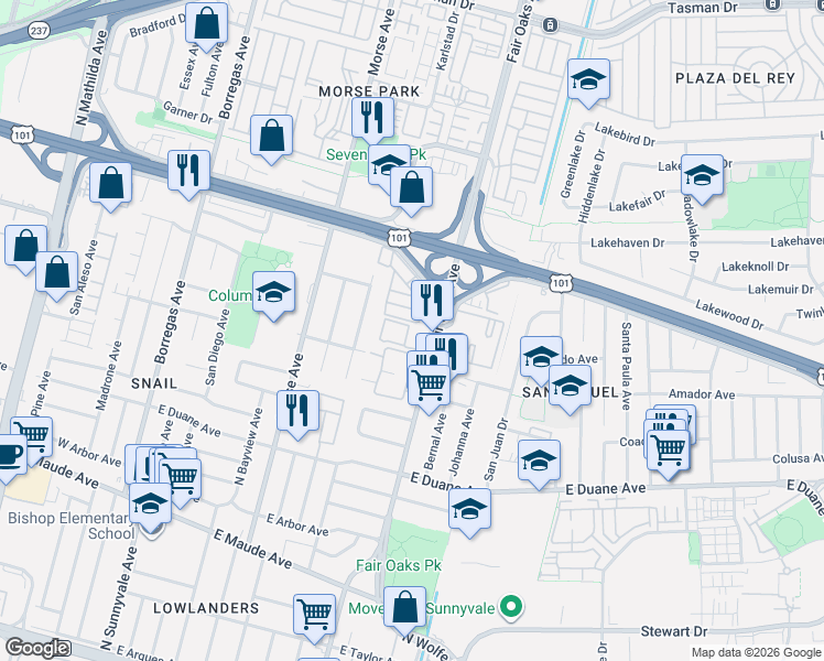 map of restaurants, bars, coffee shops, grocery stores, and more near 795 North Fair Oaks Avenue in Sunnyvale
