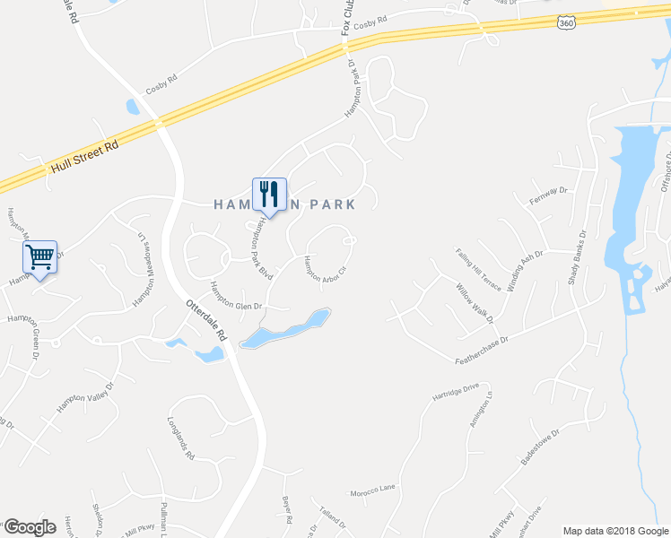 map of restaurants, bars, coffee shops, grocery stores, and more near 8019 Hampton Arbor Circle in Chesterfield