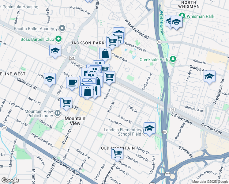 map of restaurants, bars, coffee shops, grocery stores, and more near 535 Front Lane in Mountain View
