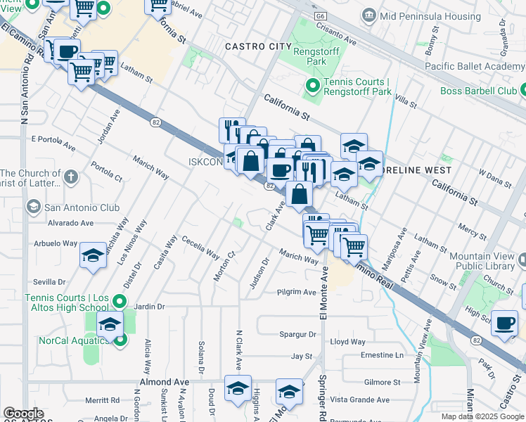 map of restaurants, bars, coffee shops, grocery stores, and more near 938 Clark Avenue in Mountain View