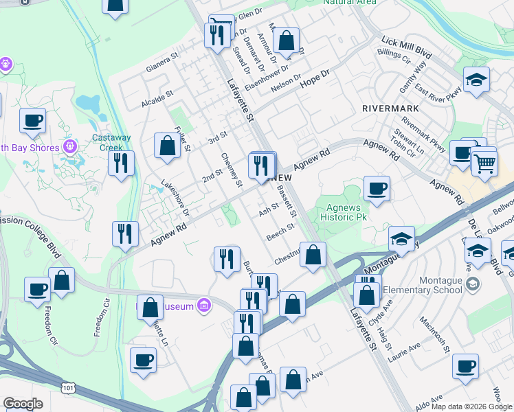 map of restaurants, bars, coffee shops, grocery stores, and more near 4252 Davis Street in Santa Clara