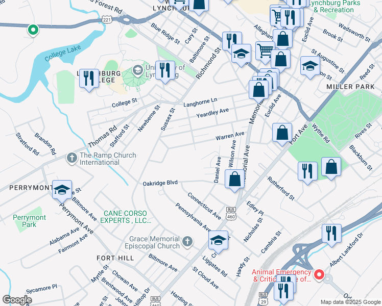 map of restaurants, bars, coffee shops, grocery stores, and more near 406 Bennett Avenue in Lynchburg