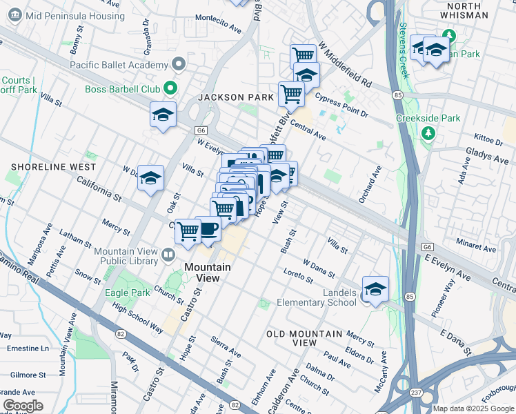 map of restaurants, bars, coffee shops, grocery stores, and more near in Mountain View
