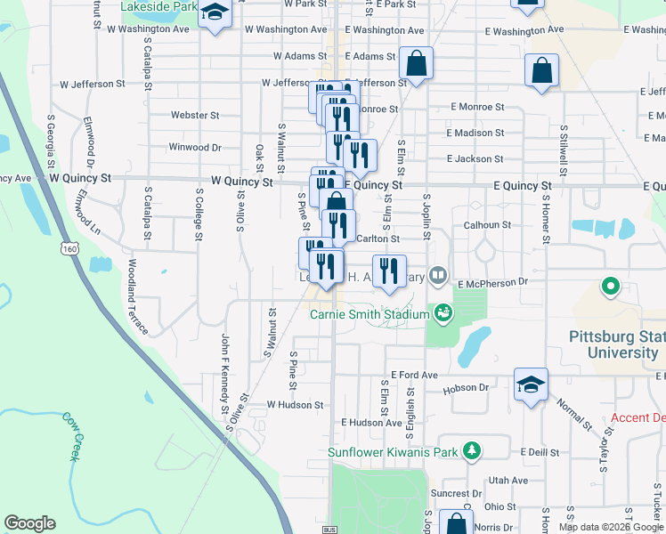 map of restaurants, bars, coffee shops, grocery stores, and more near 1500 South Broadway Street in Pittsburg