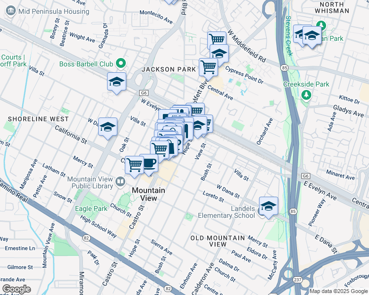 map of restaurants, bars, coffee shops, grocery stores, and more near 210 Hope Street in Mountain View