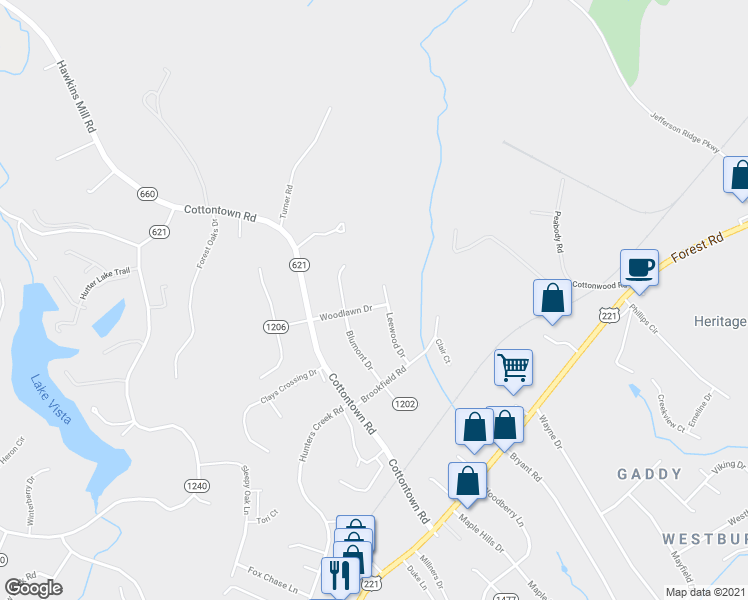 map of restaurants, bars, coffee shops, grocery stores, and more near 300 Leewood Drive in Lynchburg