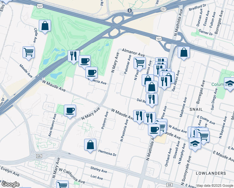map of restaurants, bars, coffee shops, grocery stores, and more near 615 Palomar Avenue in Sunnyvale