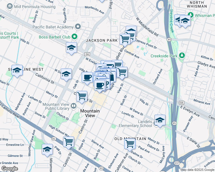 map of restaurants, bars, coffee shops, grocery stores, and more near 234 Castro Street in Mountain View