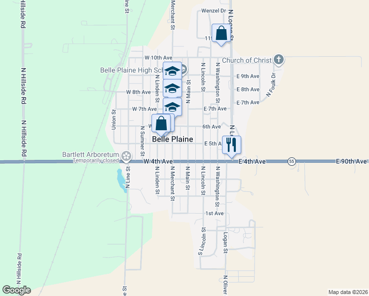 map of restaurants, bars, coffee shops, grocery stores, and more near 426 North Main Street in Belle Plaine