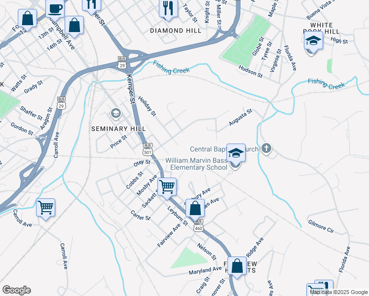 map of restaurants, bars, coffee shops, grocery stores, and more near 1822 Starview Street in Lynchburg