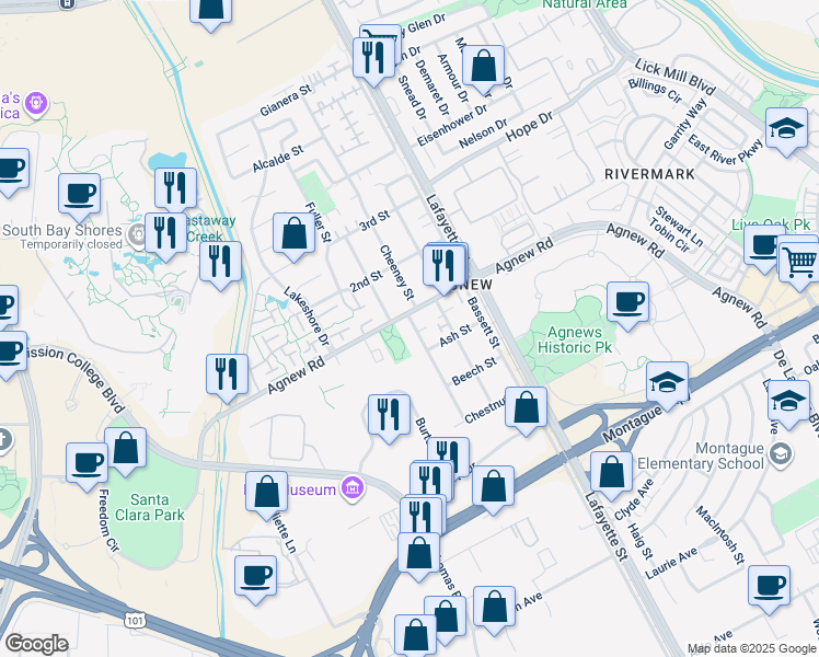 map of restaurants, bars, coffee shops, grocery stores, and more near in Santa Clara