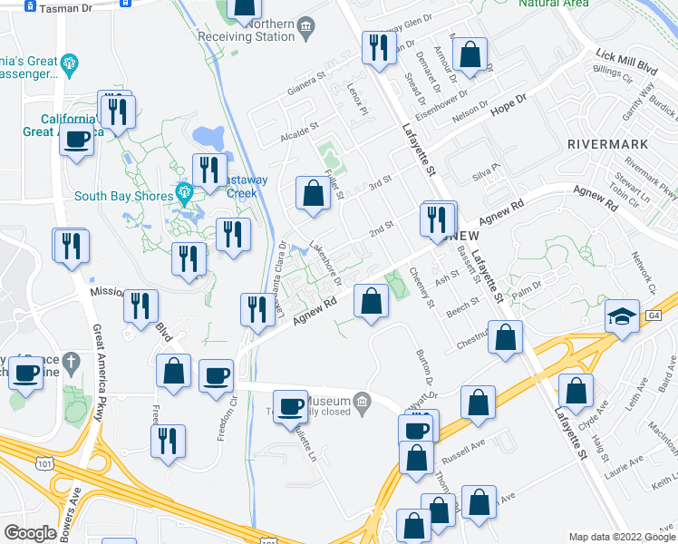 map of restaurants, bars, coffee shops, grocery stores, and more near 2332 Lakeshore Drive in Santa Clara
