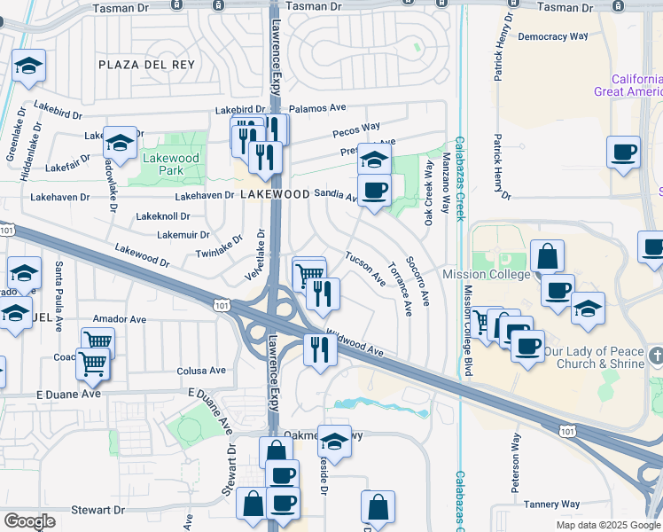 map of restaurants, bars, coffee shops, grocery stores, and more near 962 Crestwood Court in Sunnyvale