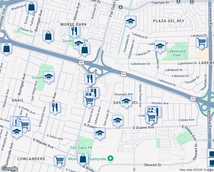 map of restaurants, bars, coffee shops, grocery stores, and more near 608 Arcadia Terrace in Sunnyvale