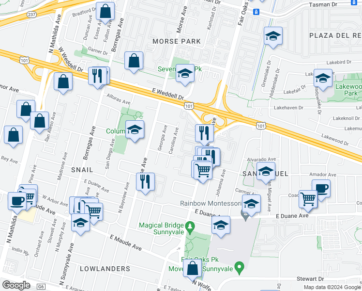map of restaurants, bars, coffee shops, grocery stores, and more near 781 North Fair Oaks Avenue in Sunnyvale