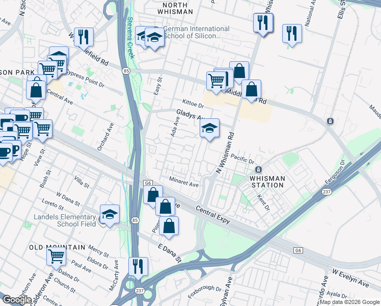 map of restaurants, bars, coffee shops, grocery stores, and more near 201 Ada Avenue in Mountain View