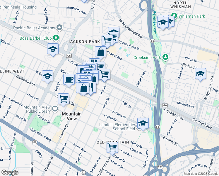 map of restaurants, bars, coffee shops, grocery stores, and more near 560 Front Lane in Mountain View