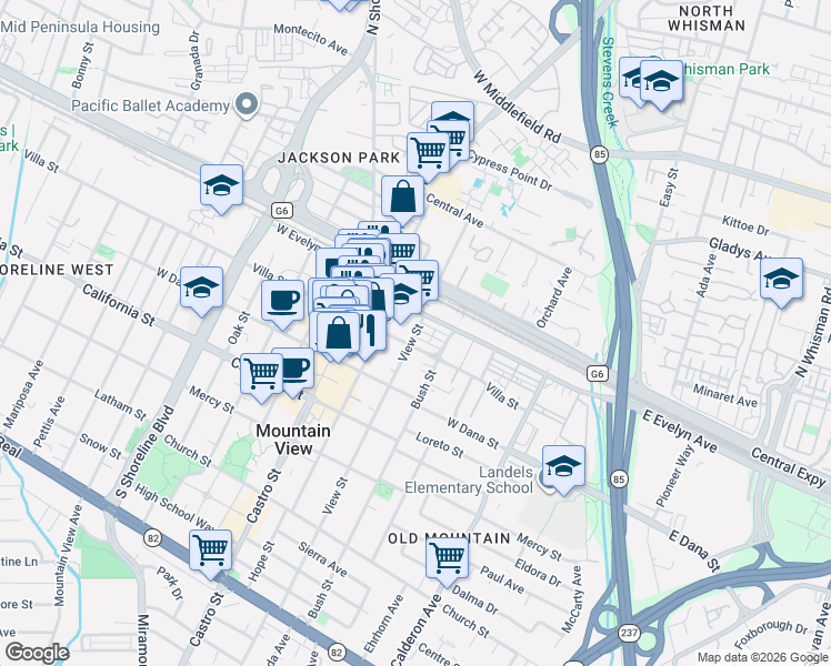 map of restaurants, bars, coffee shops, grocery stores, and more near 560 Front Lane in Mountain View