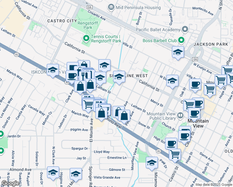 map of restaurants, bars, coffee shops, grocery stores, and more near 496 Chiquita Avenue in Mountain View