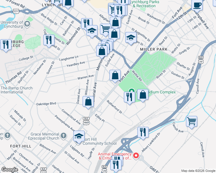 map of restaurants, bars, coffee shops, grocery stores, and more near 1107 East Grand Avenue in Lynchburg