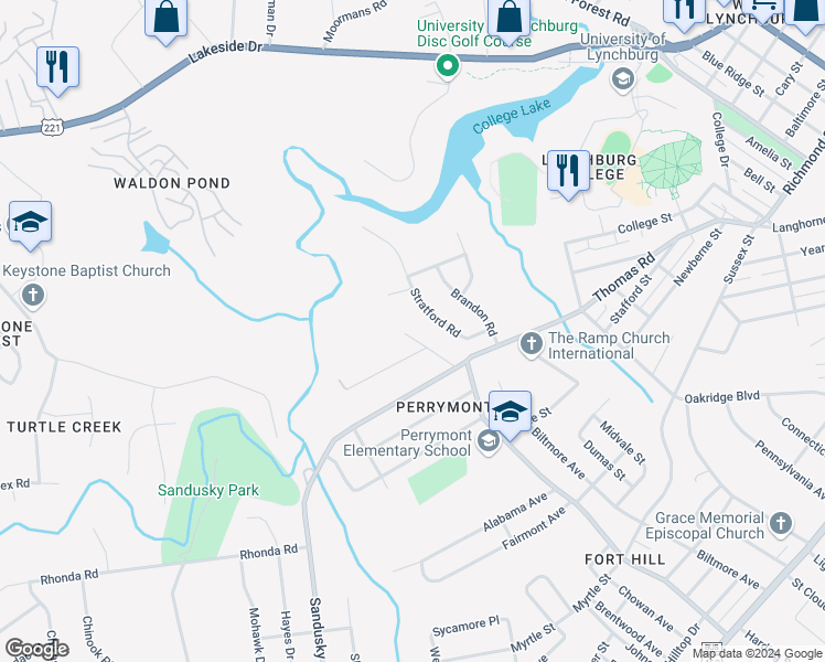 map of restaurants, bars, coffee shops, grocery stores, and more near 1124 Westchester Drive in Lynchburg