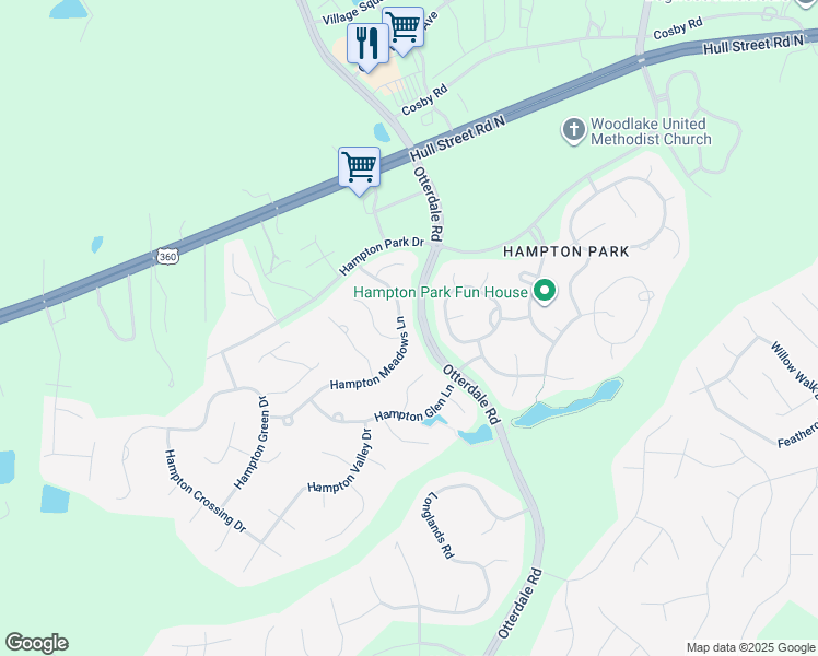 map of restaurants, bars, coffee shops, grocery stores, and more near 7855 Hampton Meadows Lane in Chesterfield