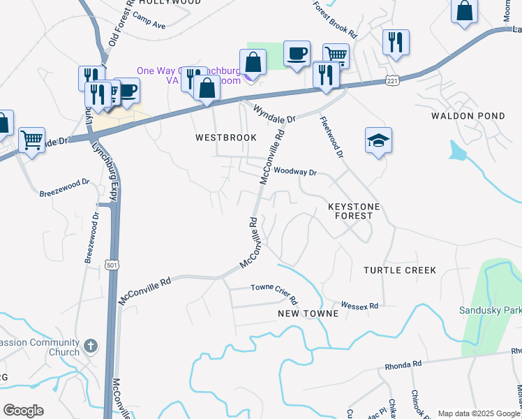 map of restaurants, bars, coffee shops, grocery stores, and more near 300 McConville Road in Lynchburg